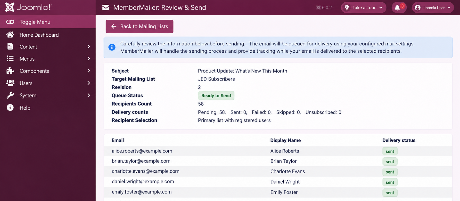 Joomla MemberMailer Review and Send Dashboard